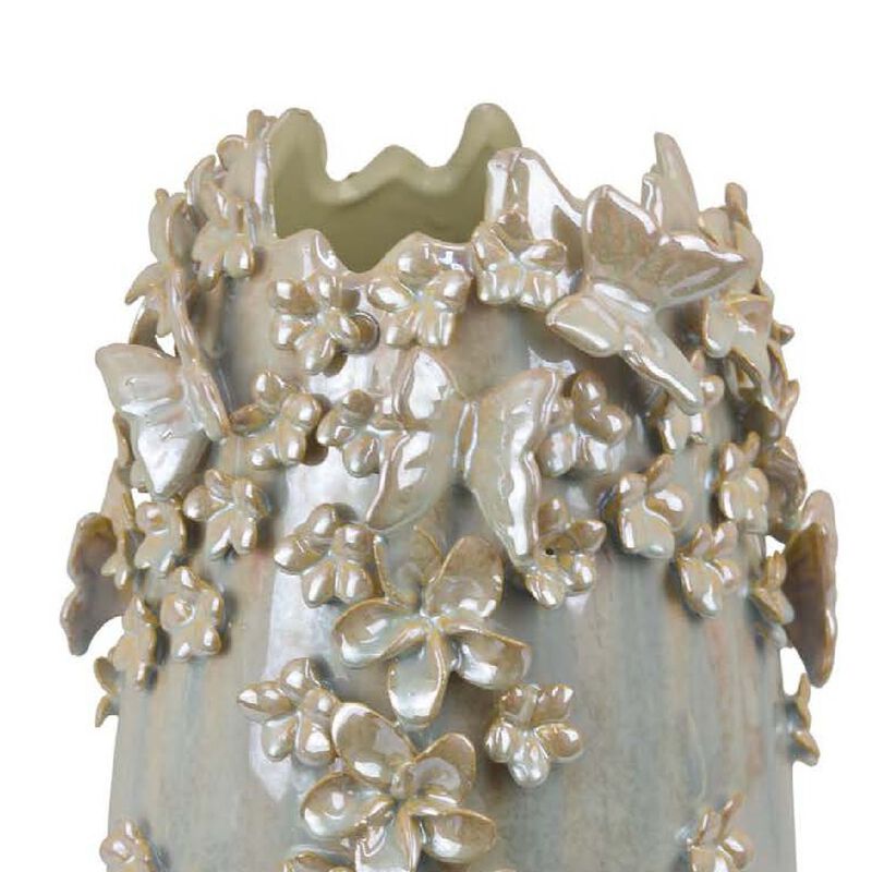 Accent Vase, Gray Silver Ceramic, Flowers and Butterflies, 14 Inch