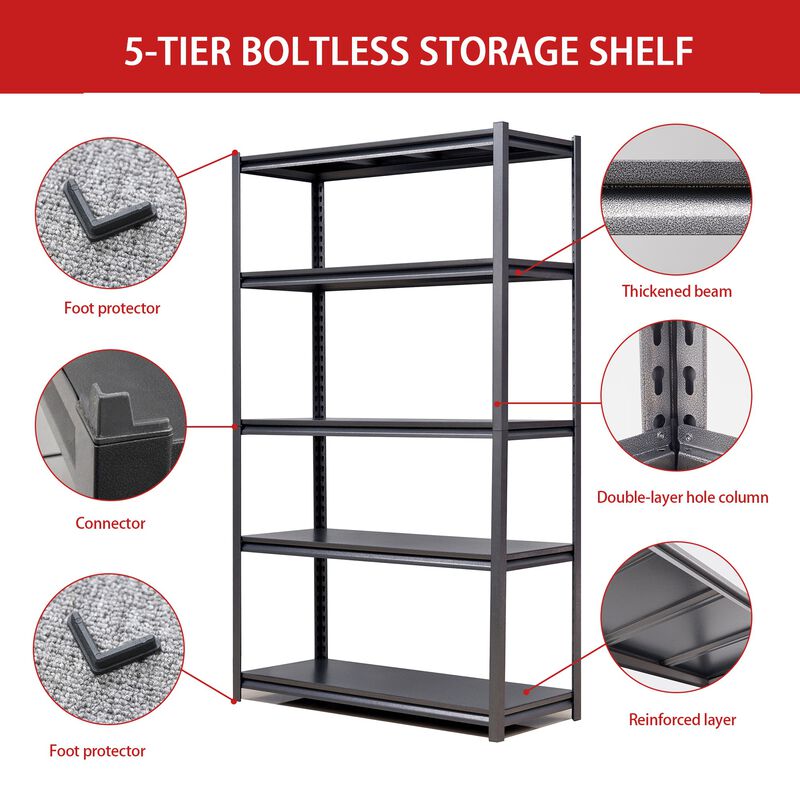 Mondawe 72 Inch 5-Layer Metal Shelf, Capable Of Carrying 2000LBS Black Gray Heavy-Suty Shelves