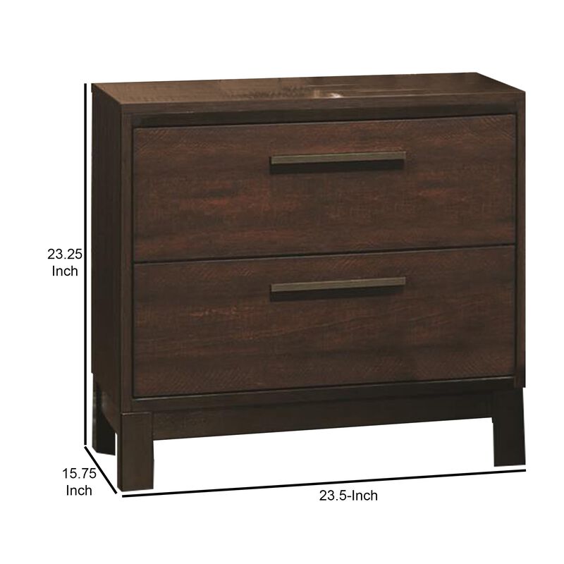Wooden Nightstand with Two Drawers and Metal Bar Handles, Brown-Benzara