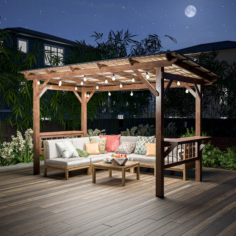 13' x 6.5' Wooden Pergola Grill Gazebo with Metal Roof & Bulbs & Bar Counters image number 2