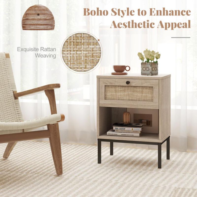 Hivvago Rattan Nightstand Boho End Table with Rattan Drawer and Open Shelf Set of 2