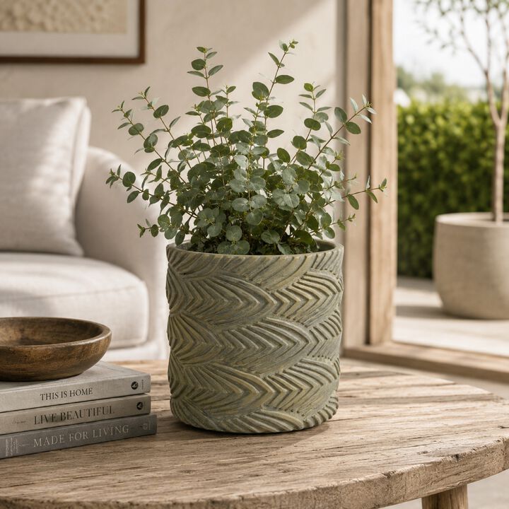 Cylindrical Planter, Raised Feather Motifs, Gray and Gold Terracotta 7 Inch