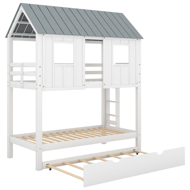 House Bunk Bed with Trundle, Roof and Windows, White, Twin