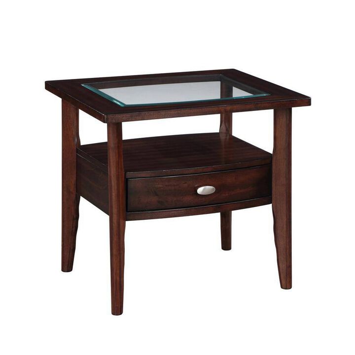 Ruen 27 Inch Side End Table, Glass Inset, Bottom Shelf, 1 Drawer, Brown - Benzara