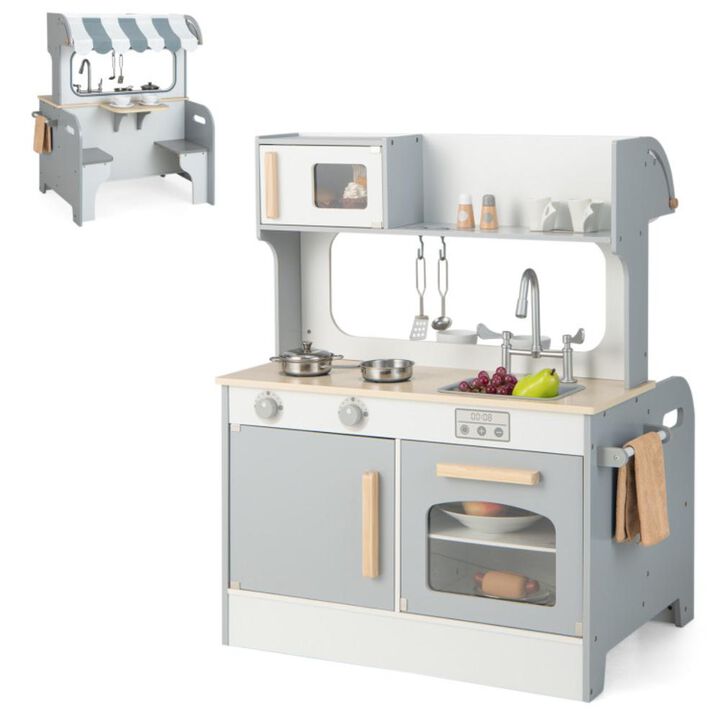 Hivvago Double Sided Kids Pretend Kitchen Playset with 2-Seat Cafe