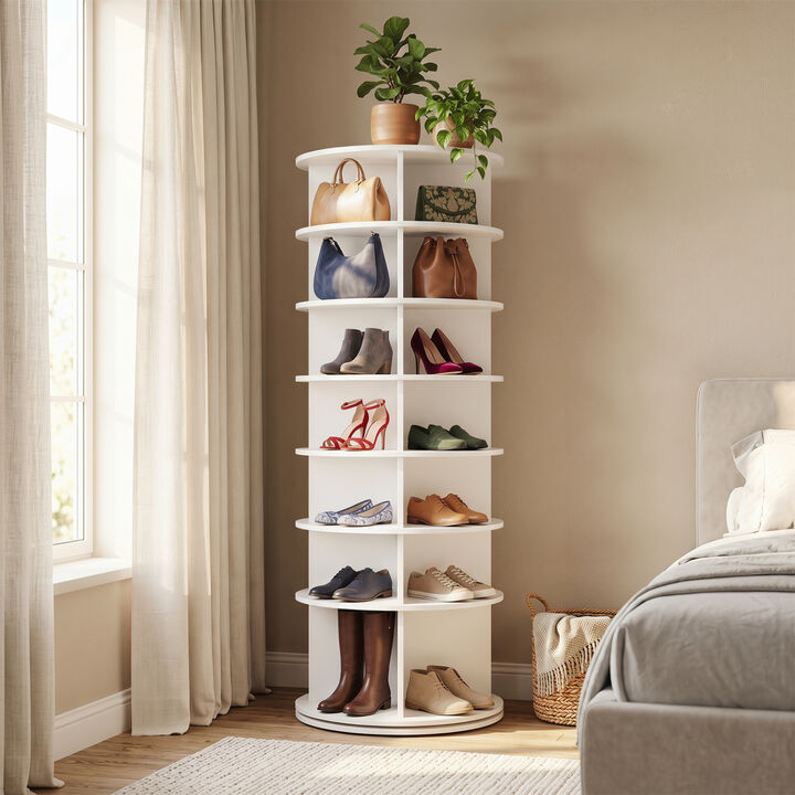 Freestanding 7-Tier Rotating Shoe Rack Storage Tower Organizer - White