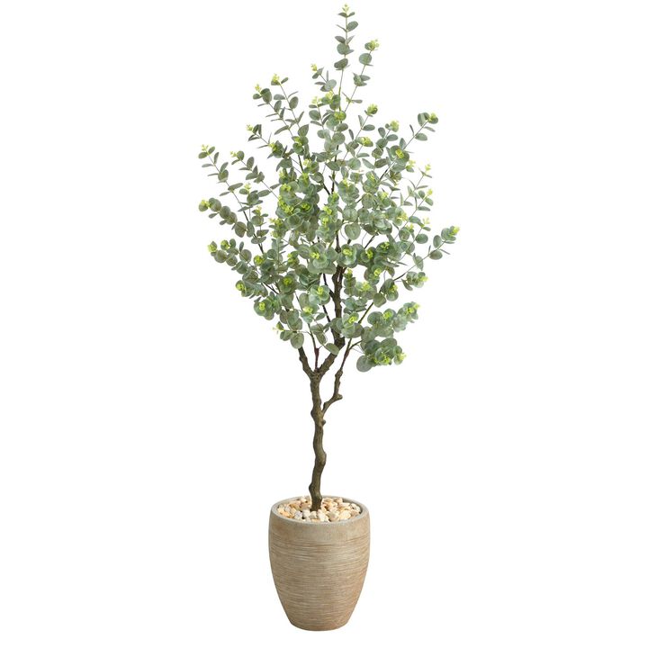 Nearly Natural 5-ft Eucalyptus Artificial Tree in Sandstone Planter