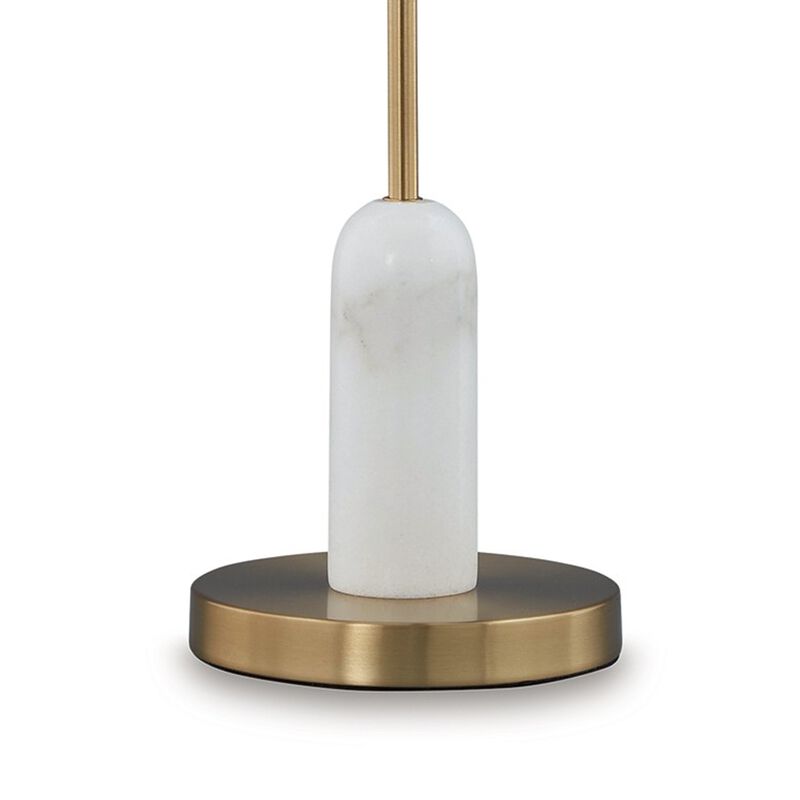Leon 20 Inch Desk Lamp, Round Base, USB Port, Gold Metal, White Marble - Benzara