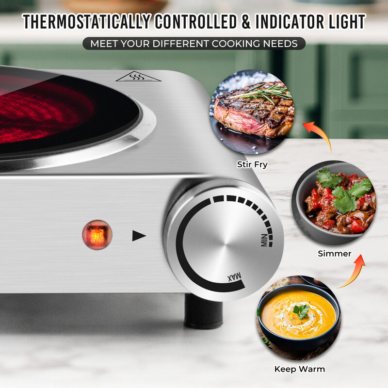 Cusimax 7.1 inch Portable Electric Hot Plate, 1800W Glass Dual Countertop Electric Cooktop, Stainless Steel Infrared Electric Stove image number 4