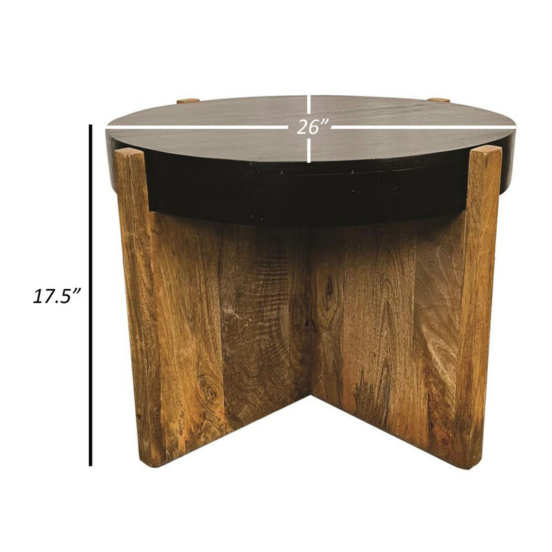 Oza 24 Inch Round Side Table, Distressed Top, Crossed Base, Rich Brown - Benzara