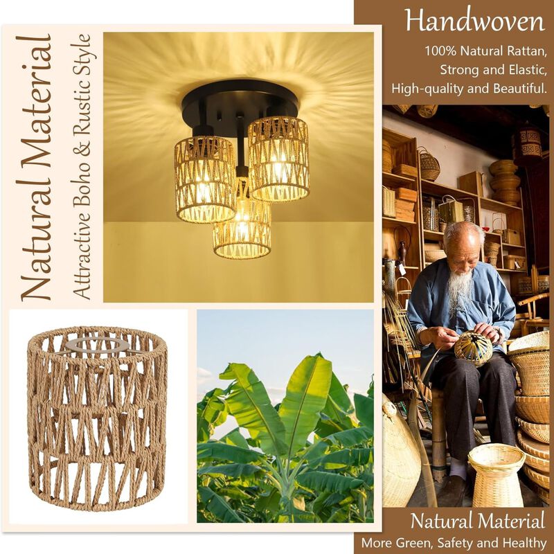 ELEMENT ACE 3-Light Hand-Woven Natural Rattan Semi Flush Mount Ceiling Light, Boho Rustic Farmhouse Style Ambient Lighting for Hallway Living Room Bedroom Entryway image number 6