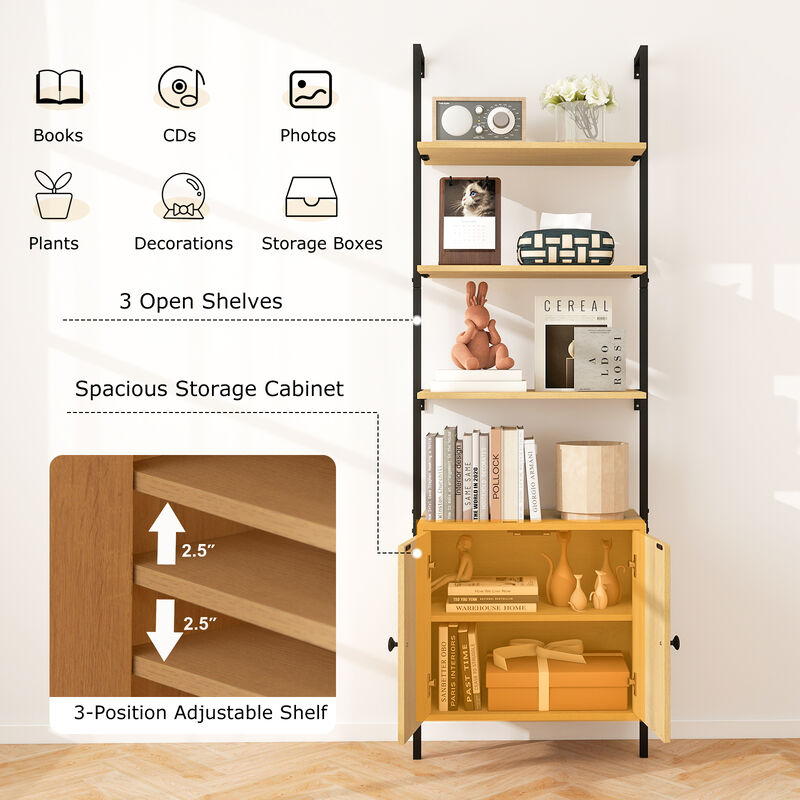 6-Tier Wall Mounted Ladder Bookshelf with Rattan Cabinet