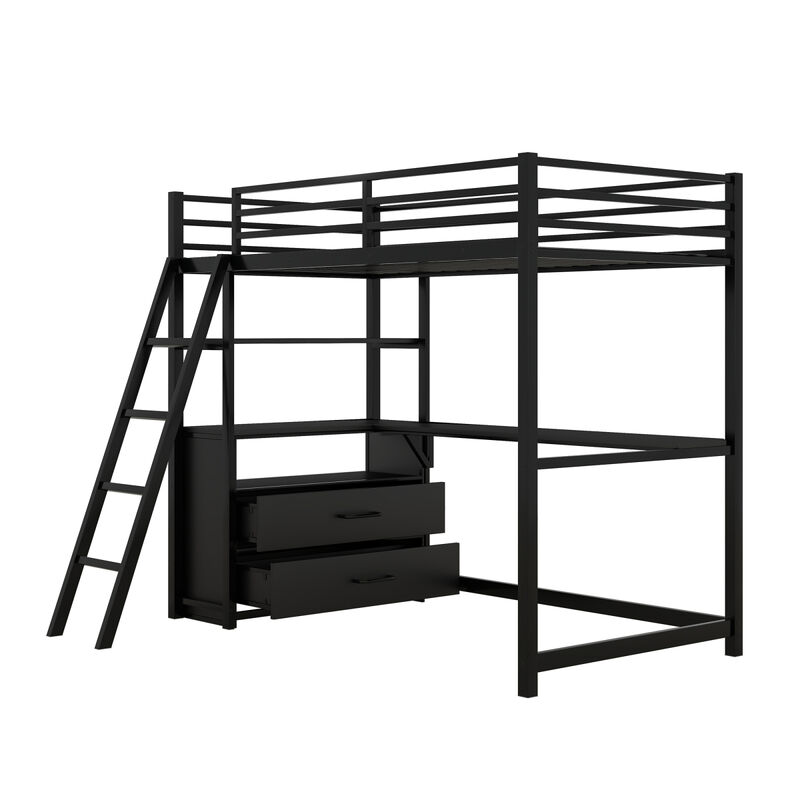 Twin Size Metal&Wood Loft Bed with Desk and Shelves, Two Built-in Drawers, Black