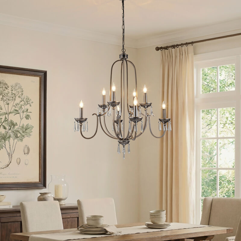 35'' 8-Light Antique Bronze Dimmable Traditional Metal Chandelier with Crystal Accents and Adjustable Hanging Height for Dining Room Foyer or Living Room image number 2