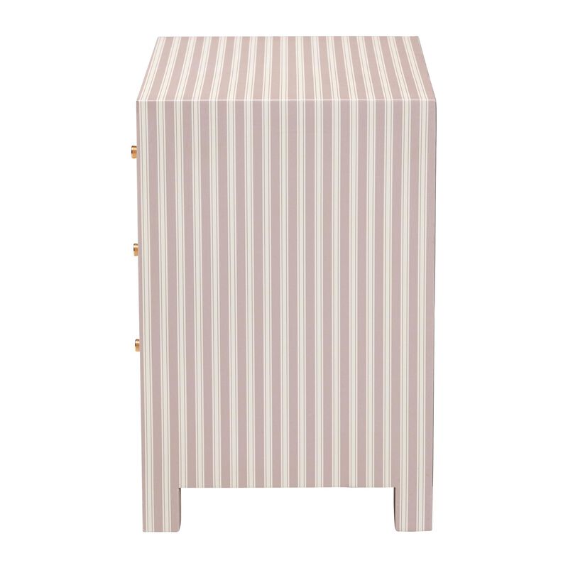 Baxton Studio Javianne End Table with Striped Faux Leather - 3-Drawer Storage Cabinet with Gold Knobs