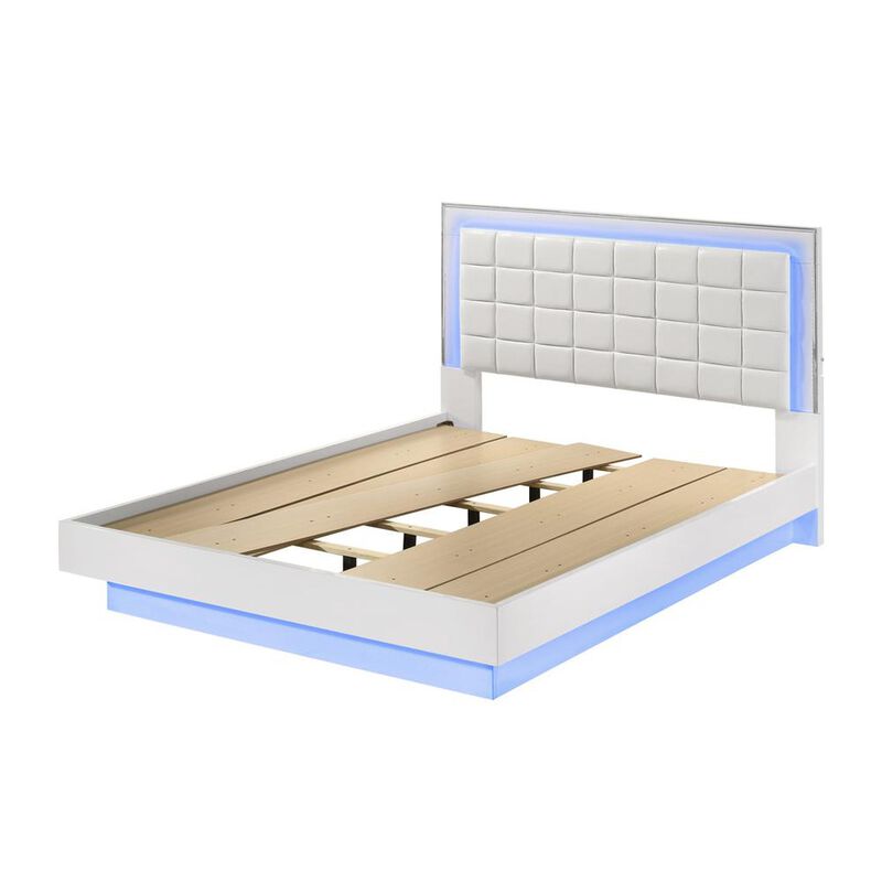 Best Quality Furniture White Eastern king size bed with a plateform frame and adjustable LED lighting