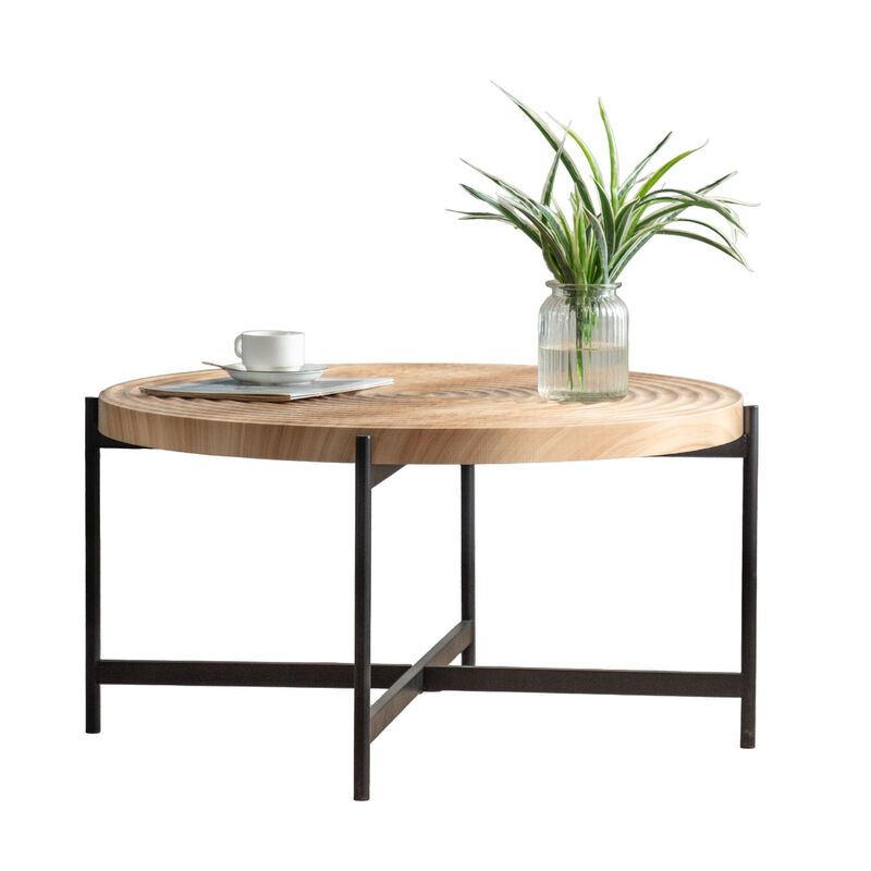 33" Modern Thread Design Round Coffee Table - MDF Table Top, Cross Legs Metal Base - Stylish, Contemporary Furniture