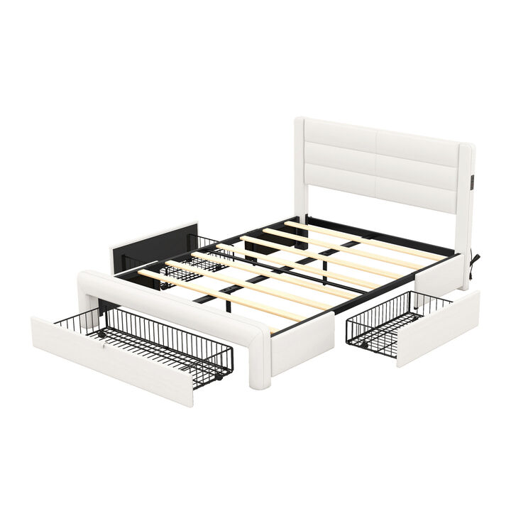 Queen Size Bed Frame with Drawers Storage, Leather Upholstered Platform Bed with Charging Station, White