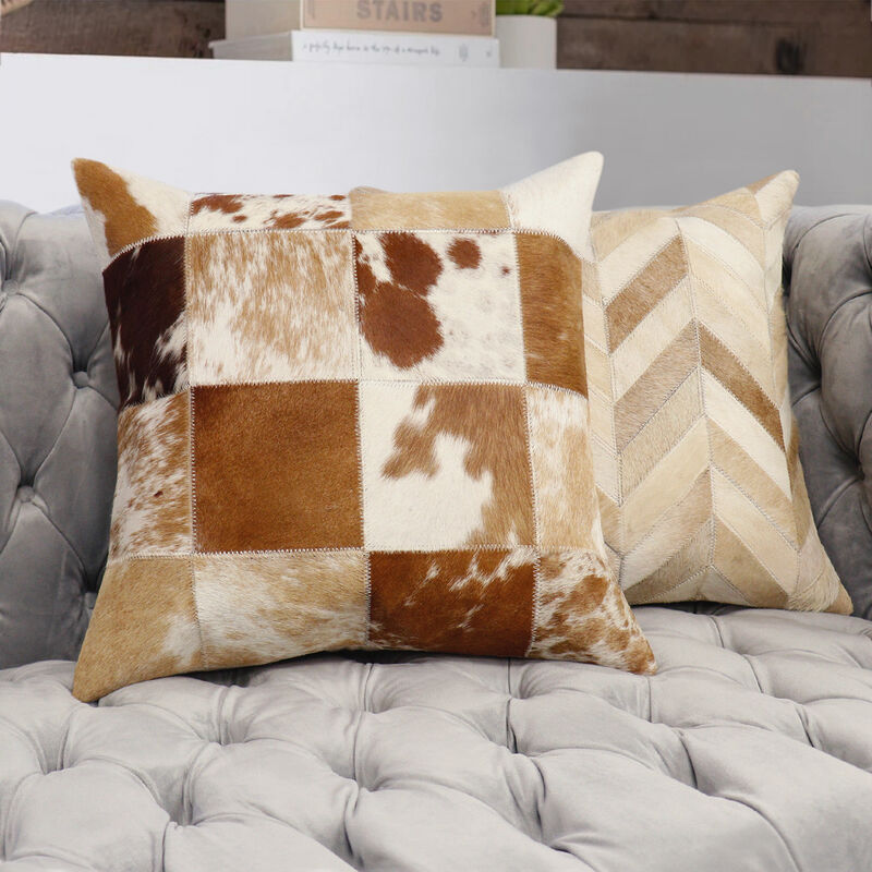 Pasargad Home Safari Checkered Brown Cowhide Throw Pillow image number 1
