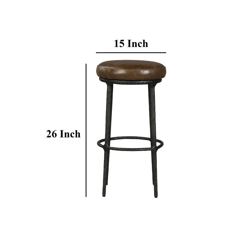 Mey Counter Stool, Brown Leather Round Seat, Black Forged Iron Base - Benzara