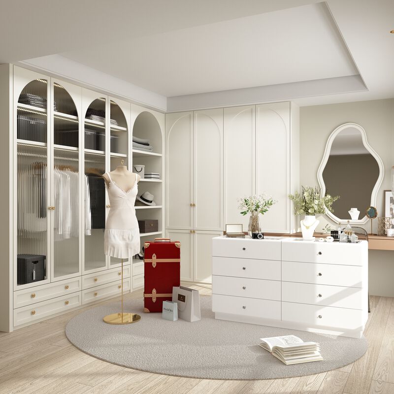 FUFU&GAGA Vanity Dresser with Glass-Top Display, 8 Drawers, LED Light, Adjustable Dividers, MDF (55.1" W x 13.8" D x 31.5" H), White