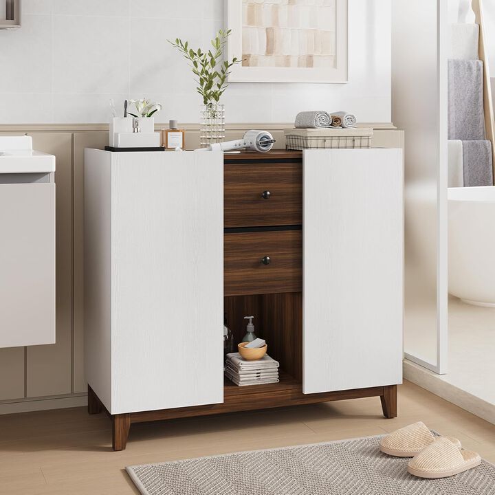Bathroom Cabine, Modern Floor Storage Cabinet Organizer with 2 Door and 2 Drawers, Sideboard Buffet Cabinet with Adjustable Shelf
