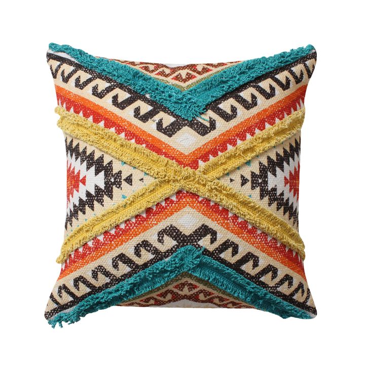 18 x 18 Square Cotton Accent Throw Pillow, Aztec Tribal Inspired Pattern, Trimmed Fringes, Multicolor- Benzara