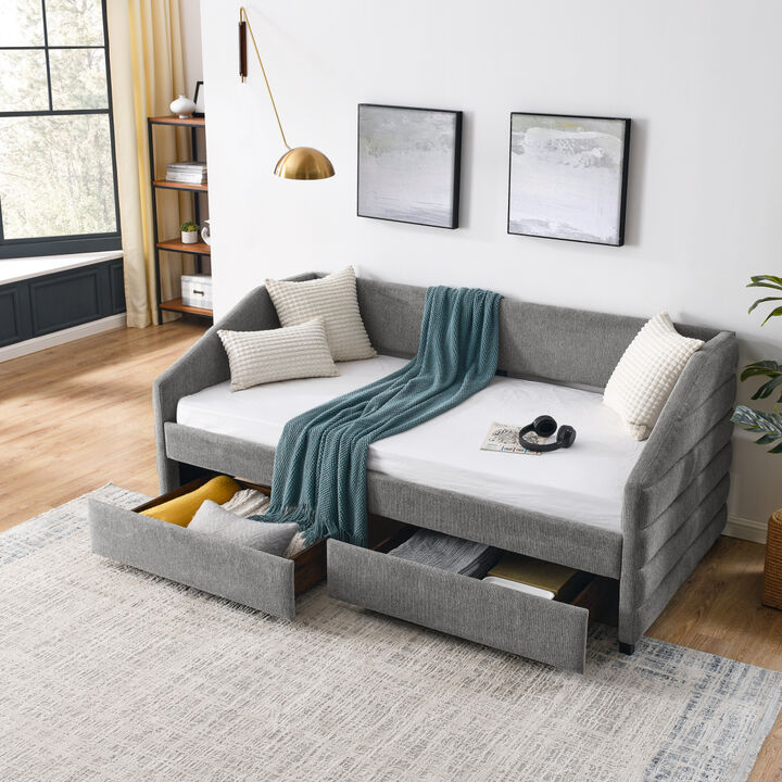 Twin Size Daybed with Two Drawers Trundle Upholstered Tufted Sofa Bed, Linen Fabric, Grey (82.5" x42.5" x34")