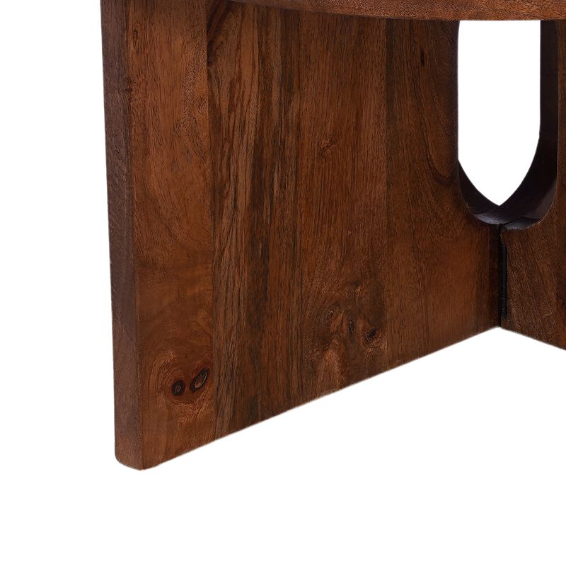 Kara Coffee Table, 29 Inch Round Botticino Marble Top, Brown Mango Wood 3 Panel Tripod Base image number 4