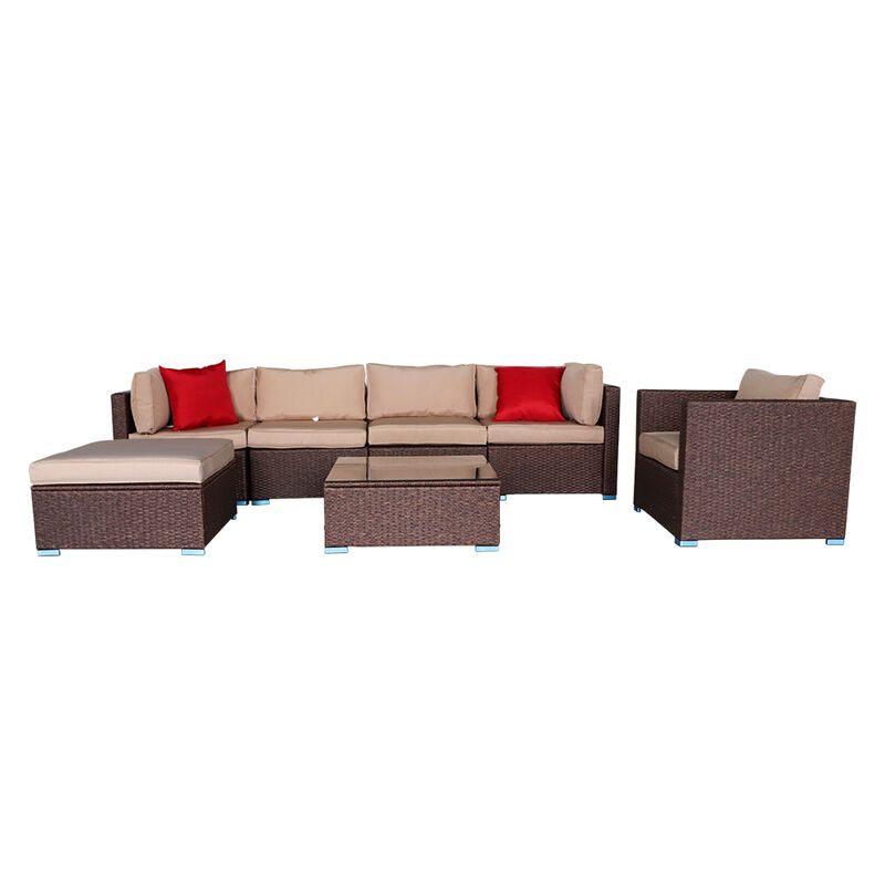 7-Piece Wood Grain PE Wicker Rattan Patio Sofa Set, Outdoor Sectional with Corner Sofa image number 2