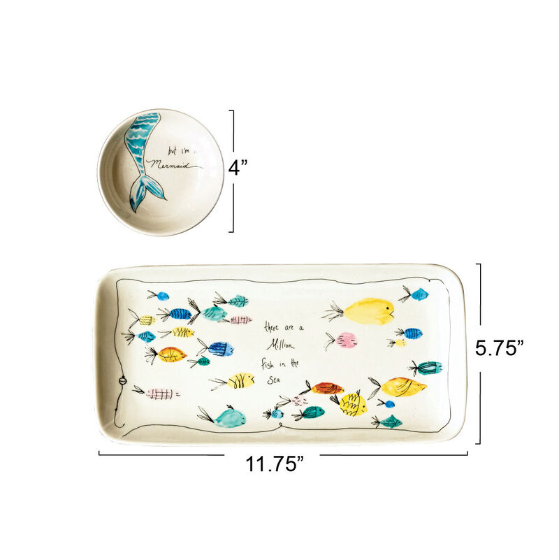 Coastal Stoneware Serving Platter and Dip Dish with Mermaid and Sea Life Illustrations, Multicolor image number 1