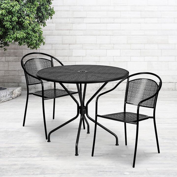 Flash Furniture Commercial Grade 35.25" Round Black Indoor-Outdoor Steel Patio Table Set with 2 Round Back Chairs