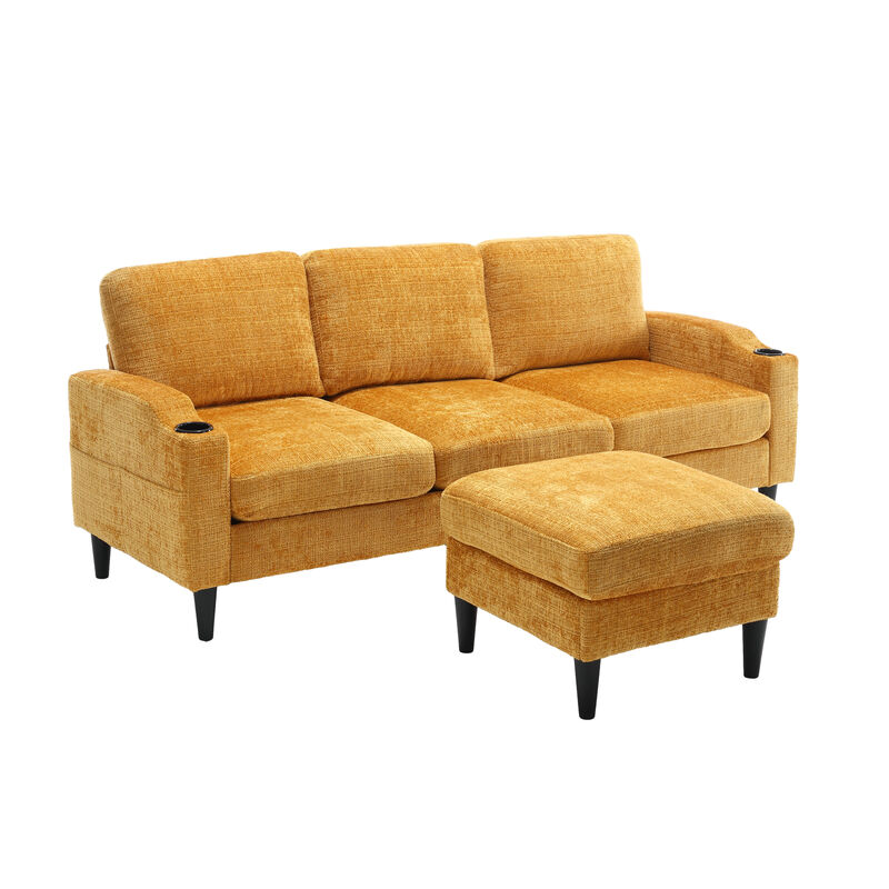 Sofa for three, solid wood frame, Chenille fabric, side pocket, with two cup holders, footstool with storage sofa