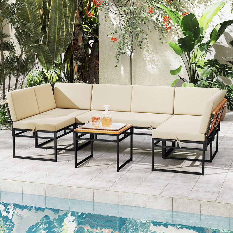 Beige Outdoor Sectional Sofa Set, 6-Piece Conversation Set with Cushions image number 7