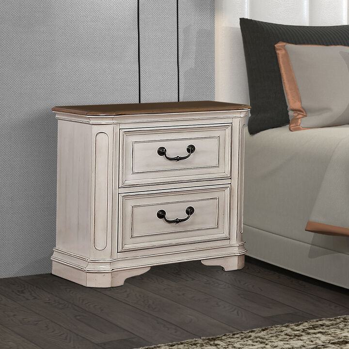 Transitional Wooden Nightstand with 2 Drawers and Bracket Legs, White-Benzara