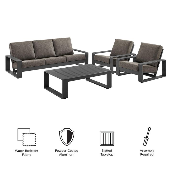 Modway Lirienne Aluminum 4-Piece Outdoor Furniture Set in Smoke &ndash; Patio Conversation Set with 3-Seater Sofa, 2 Armchairs & Coffee Table
