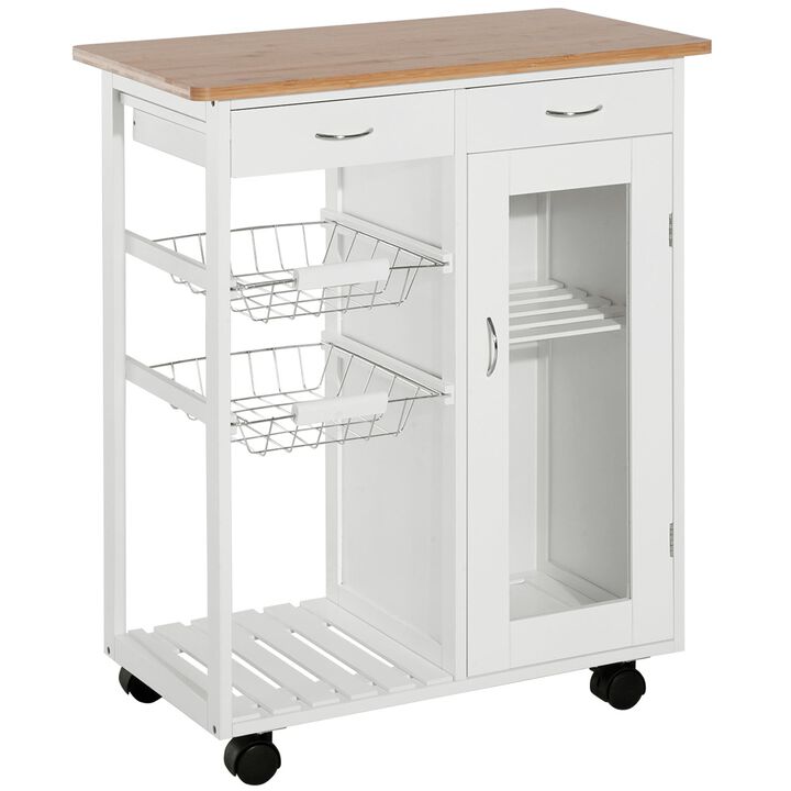 28" Rolling Kitchen Island with Storage, Kitchen Cart with Solid Bamboo Top, Wire Basket,Door Cabinet and Drawers, White