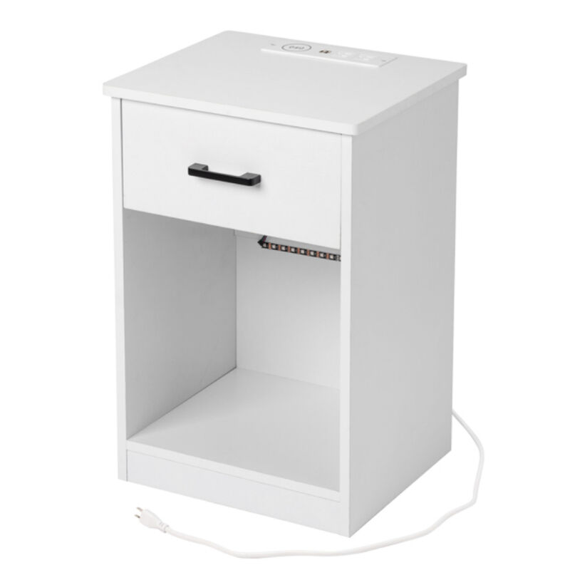 Nightstand with LED Light Single Drawer and Built-in Socket for Bedroom