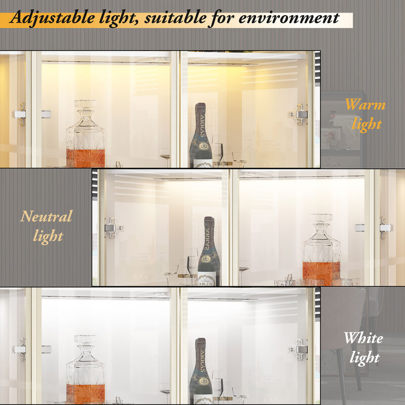 FUFU&GAGA 63 in. Tall White Wood Bookcase Bookshelf With 3-Color LED Lights and Tempered Glass Doors,(94.5" W x 63" H x 15.7" D), White