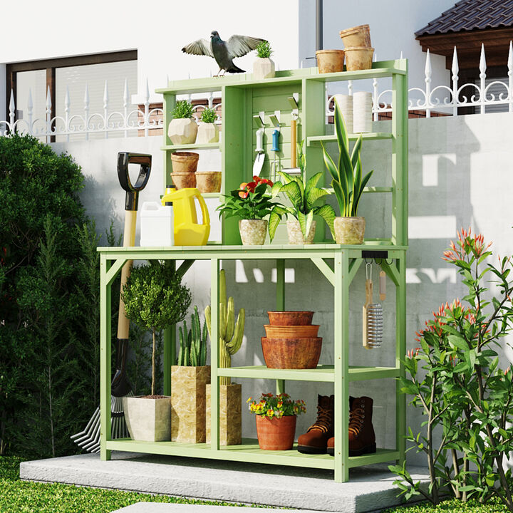 64.6" Large Outdoor Potting Bench, Garden Potting Table, Wood Workstation with 6-Tier Shelves, Large Tabletop and Side Hook