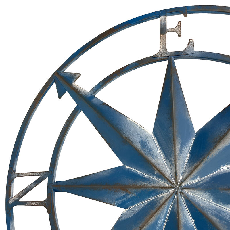 20 Inch Distressed Metal Compass Rose Nautical Wall Decor Indoor Outdoor, Blue image number 2