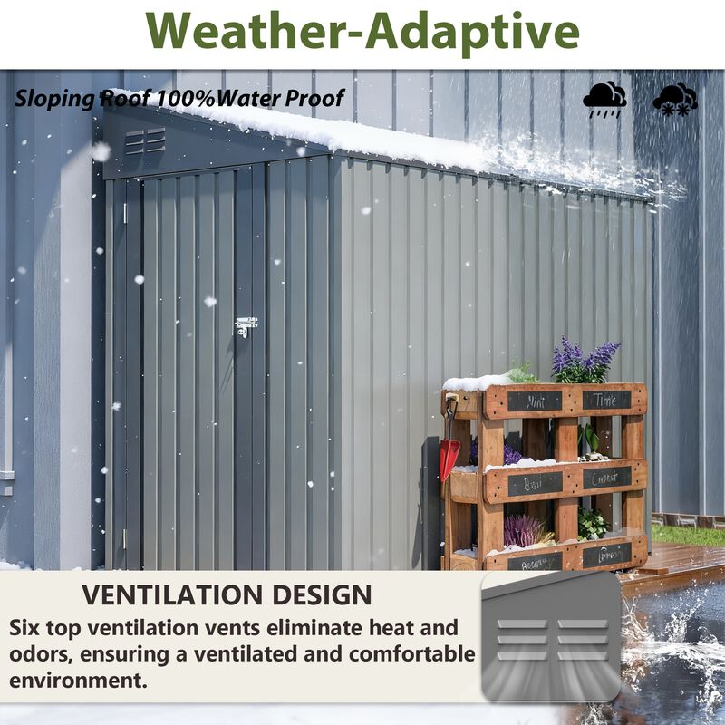 4x7 FT Olive Grey Lean-To Steel Shed, All-Weather Outdoor Storage with Vents & Lockable Doors image number 7