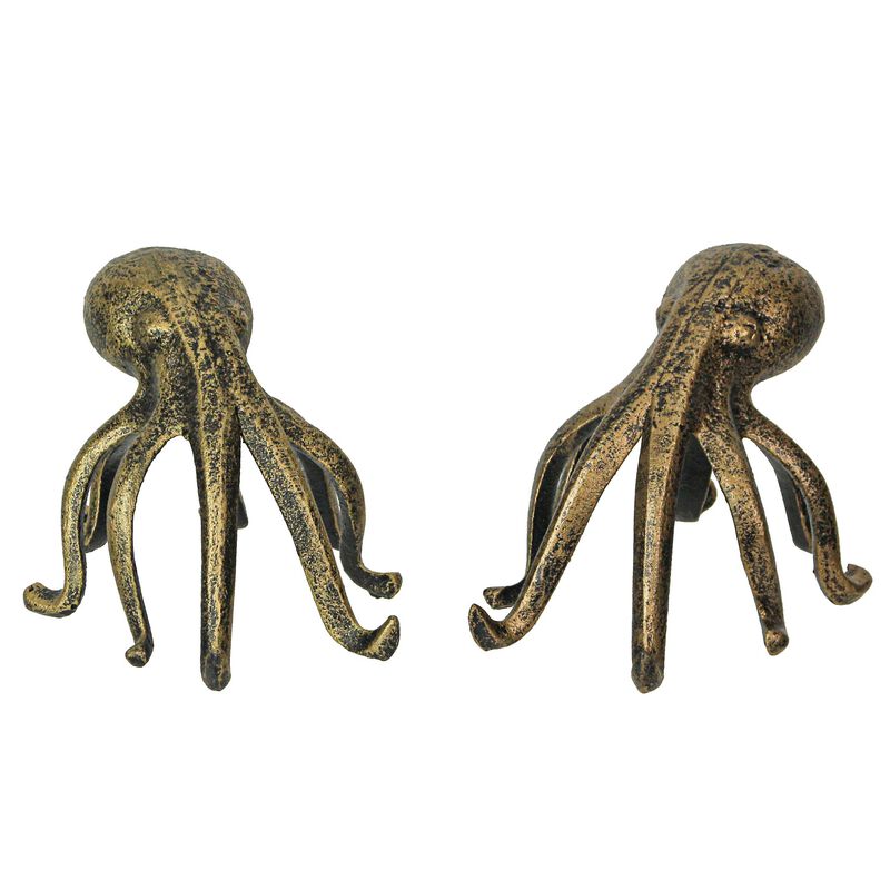 Set of 2 Gold Cast Iron Octopus Phone Holder Stand Decorative Bookend Home Decor image number 0