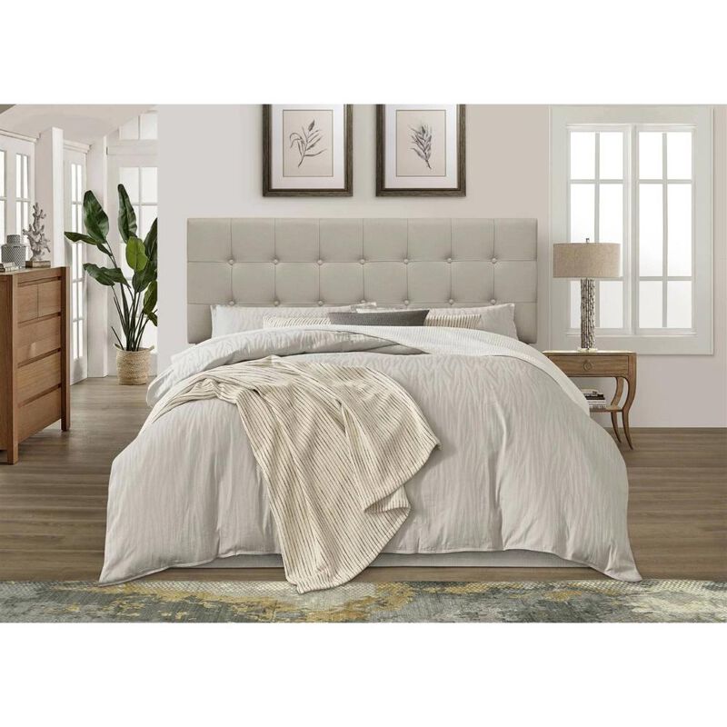 Button-Tufted Headboard in Light Grey Taupe Beige Upholstered Fabric