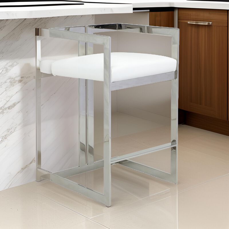 Suki 30 Inch Barstool Chair, White Faux Leather, Silver Stainless Steel