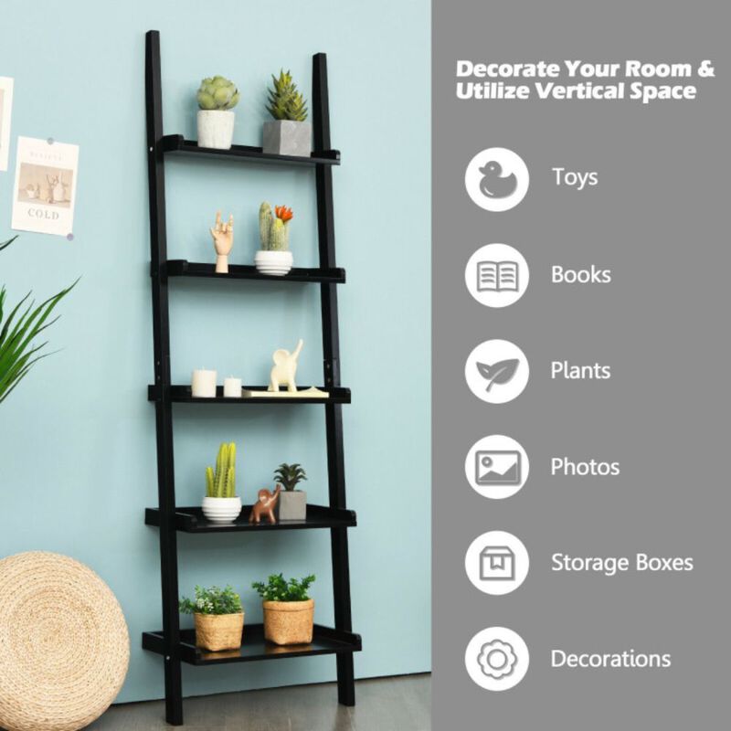 Hivago 5-Tier Wall-leaning Ladder Shelf  Display Rack for Plants and Books-Black