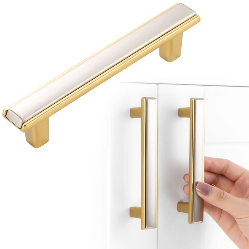 BEROSSA Nickel and Gold Cabinet Pulls, Kitchen Cabinet Handles, 3-3/4 Inch Screw Spacing, Pack of 5 | Solid 2 Color Hardware for