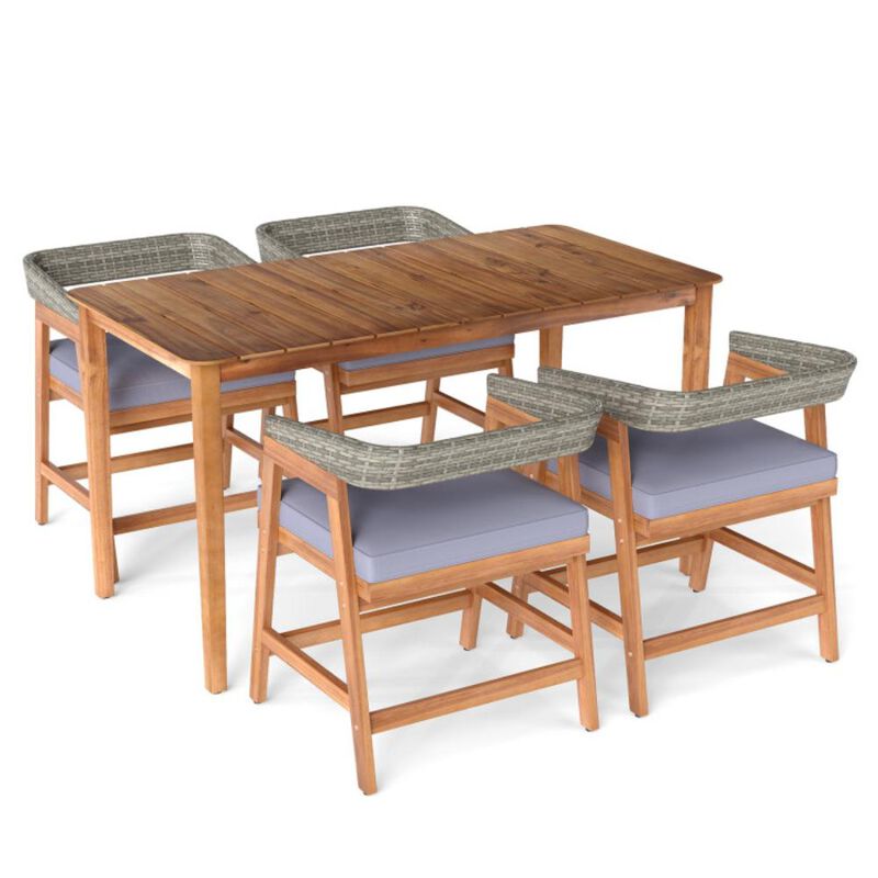 Hivvago 5 Piece Patio Dining Set Solid Wood with Rattan Backrest and Cushions