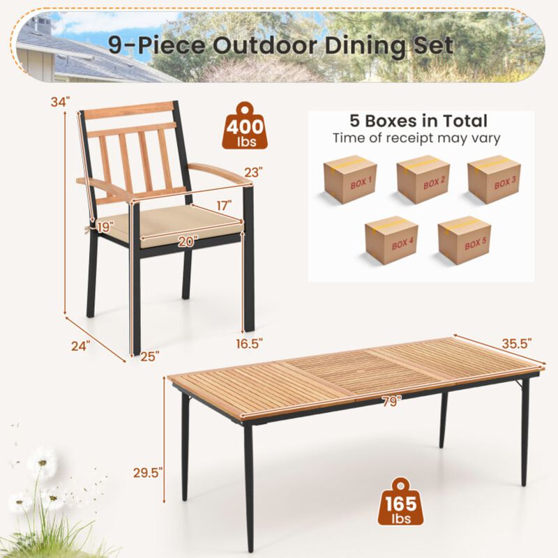 Mondawe 9Pcs Outdoor Patio Dining Set,79" Acacia Table With Umbrella Hole & 8 Weatherproof Armchairs
