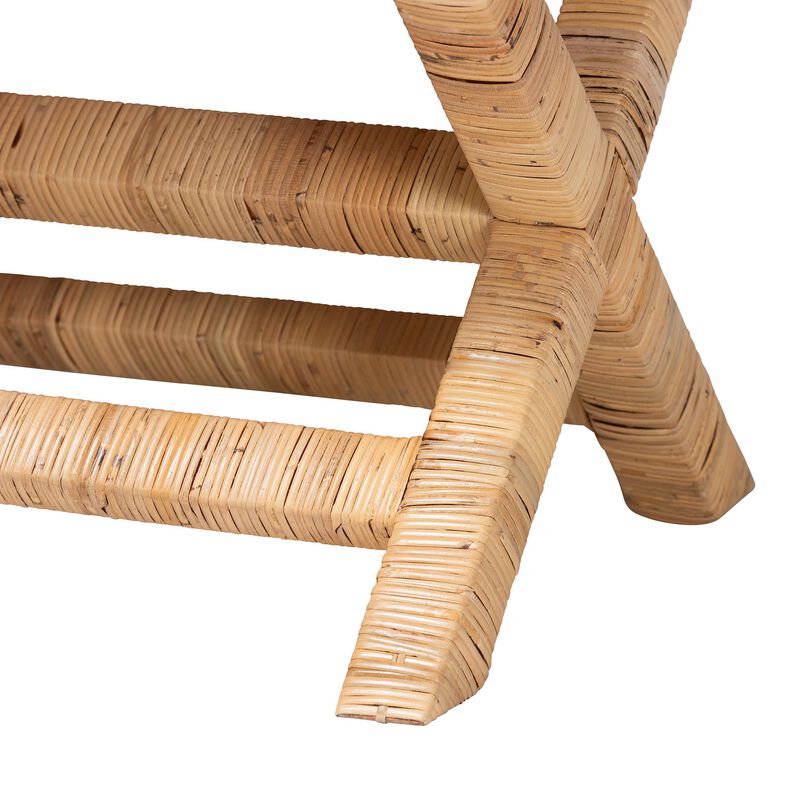 bali & pari Christy Natural Rattan Bench - Hand Wrapped Wicker Accent Seating with Upholstered Cushion and Crisscross Frame image number 3